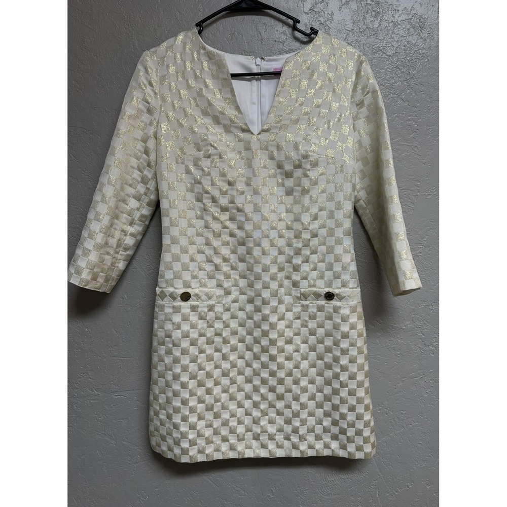 Lilly Pulitzer Dress 2 Gold Metallic Checkered 3/4 Sleeve McLane Shift